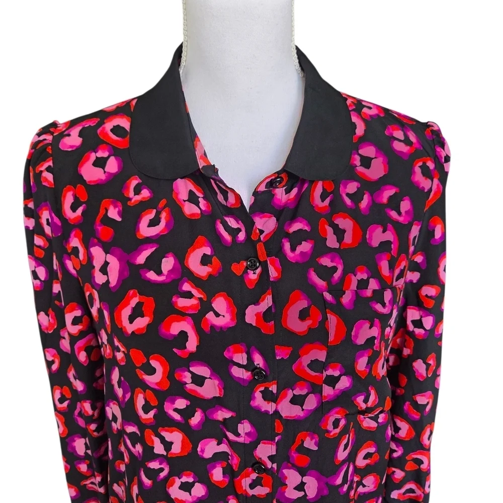 Kate Spade Silk Blouse Abstract Long Sleeve Button Down Shirt Pink Black Size 10